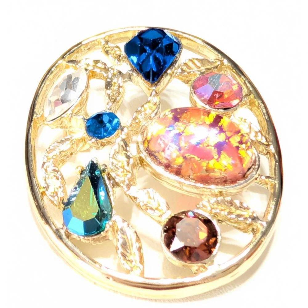 Vintage Rhinestone Brooch Pin Colorful Art Glass Gold-tone Leafs 1.75